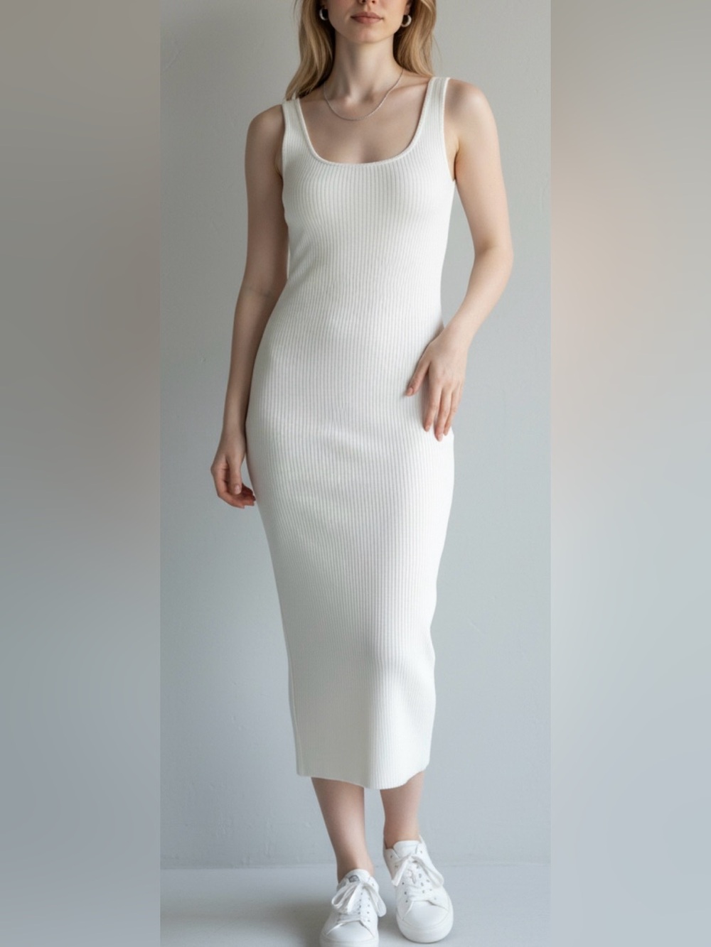Sleeveless Ribbed Midi Dress in Ivory